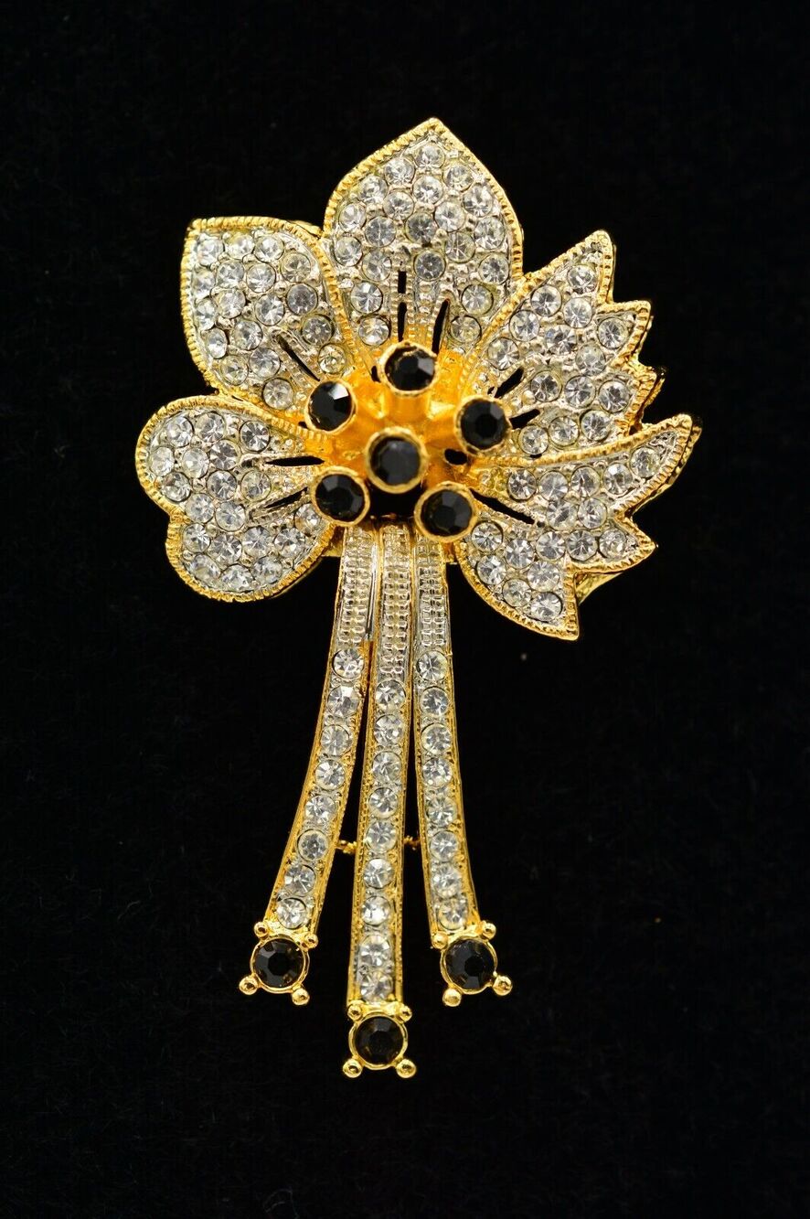 Vintage Flower Pin Brooch Sparkling Rhinestone Crystal Dangle Gold Y2K BinF
